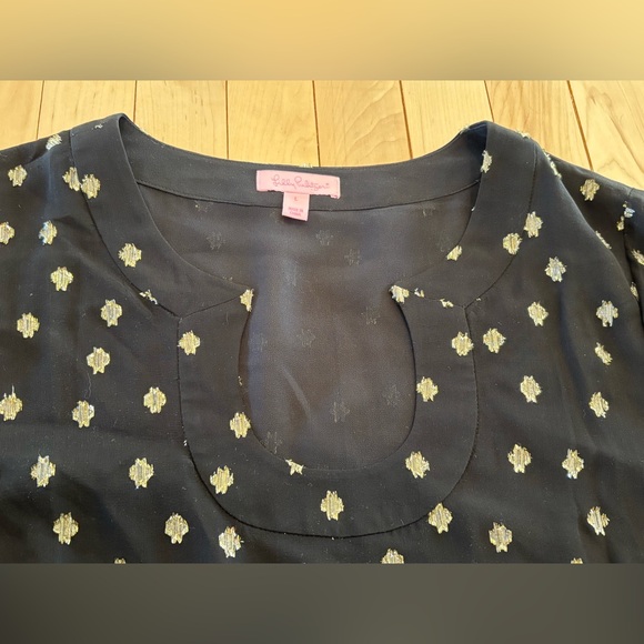 Lilly Pulitzer Amory Top Silk Onyx Black and Gold Bell Sleeves Large - Picture 5 of 8